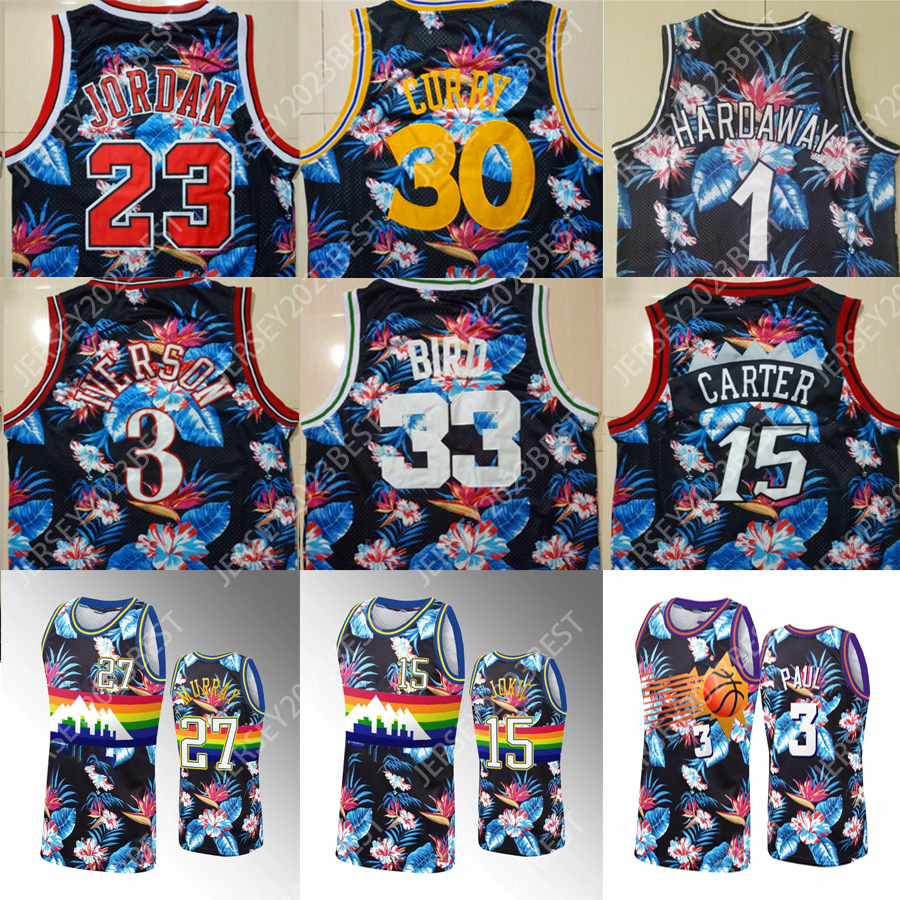 

Custom black floral fashion classics 15 Jokic 27 Murray 3 Iverson 30 curry 1 Hardaway 33 Bird 3 paul 15 carter men women youth basketball jerseys