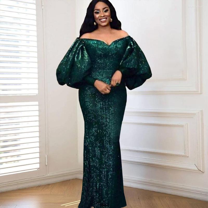 

Casual Dresses Zoctuo Sequin Off The Shoulder For Women Sexy Strapless Backless Vestidos Evening Party Lantern Sleeve Bodycon Skirt, Green