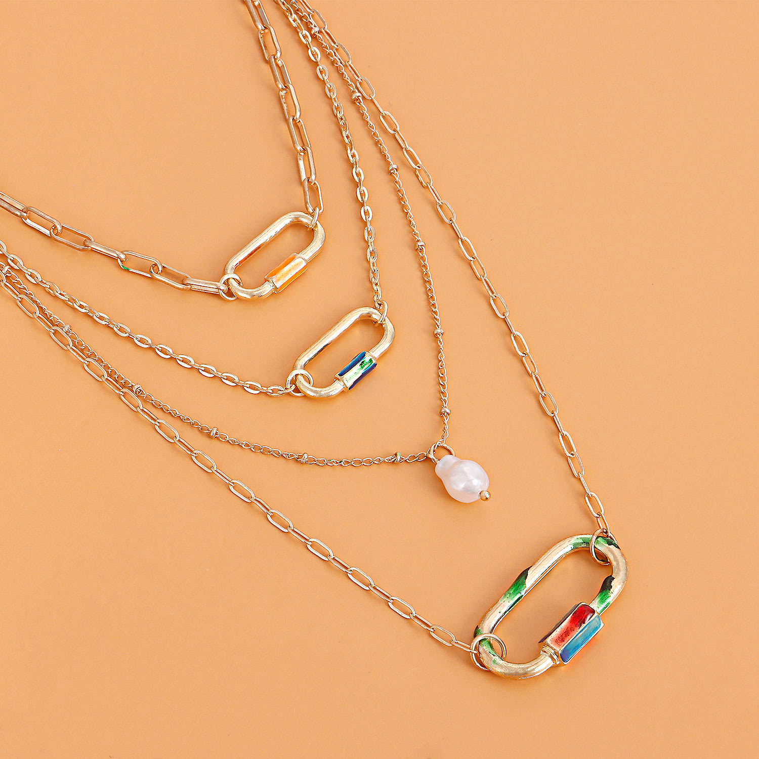 

necklace cool multi-layered geometric hollow oval pearl pendant necklace, hip-hop street necklace pendant necklace retro combined necklaces for girl