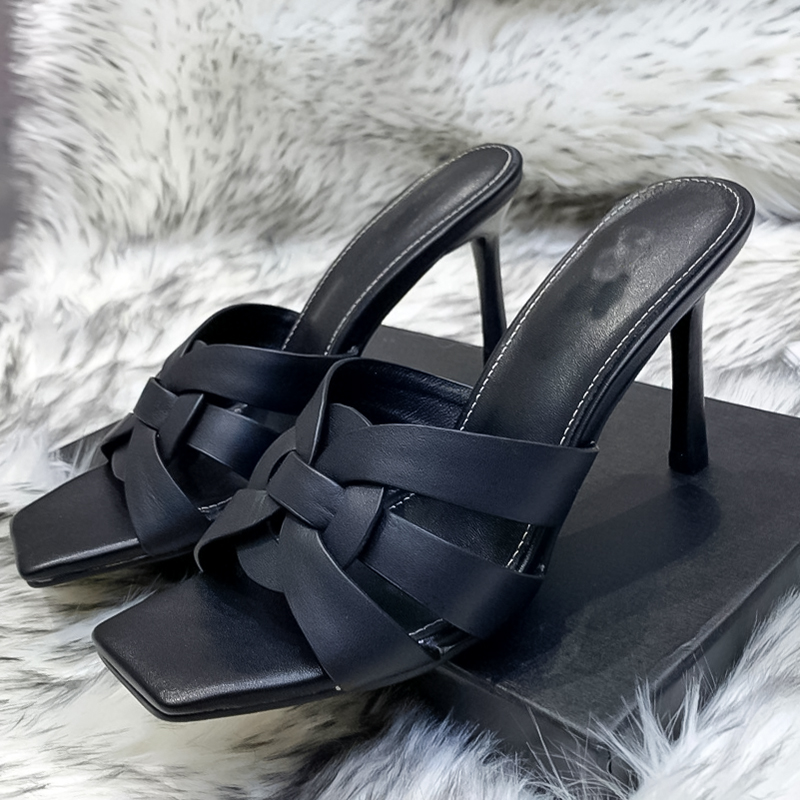 

Square toe slim heel genuine leather slippers classic comfortable and durable womens sandals luxury designer summer new fashionable and versatile womens shoes box