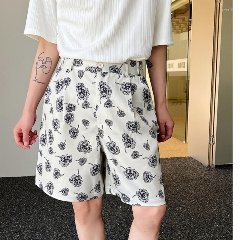 

Men's Shorts SYUHGFA Male Summer Korean Printing Casual Wide Leg Knee Lenght Flowers Short Pants Men's Trendy Loose Everyday, Apricot