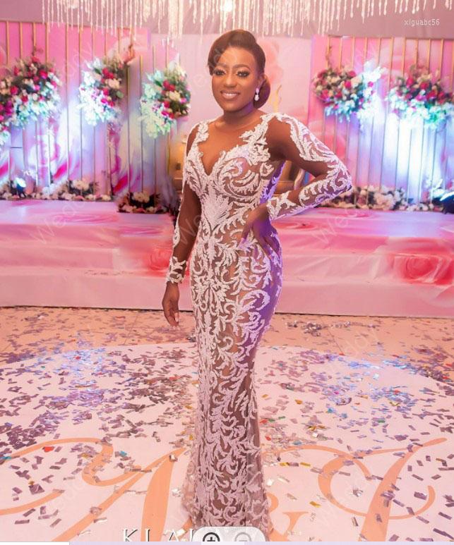 

Wedding Dress Stunning See Throgh Lace Beading Mermaid Dresses With Detachable Train Robe De Mariee African Bridal Gowns, White