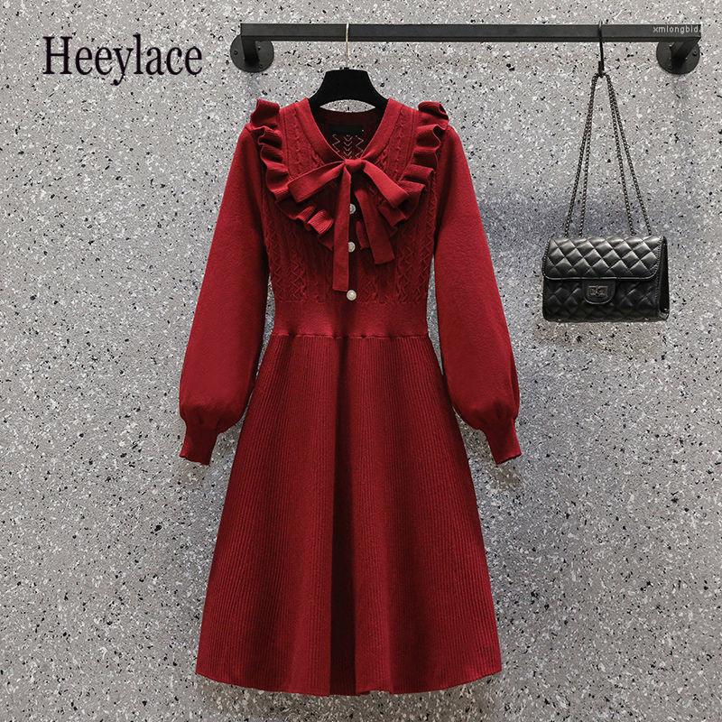 

Casual Dresses Fall Winter Women Knitted Sweater French Vintage Ruffles Patchwork Long Sleeve High Waist A-line Vestidos, Picture