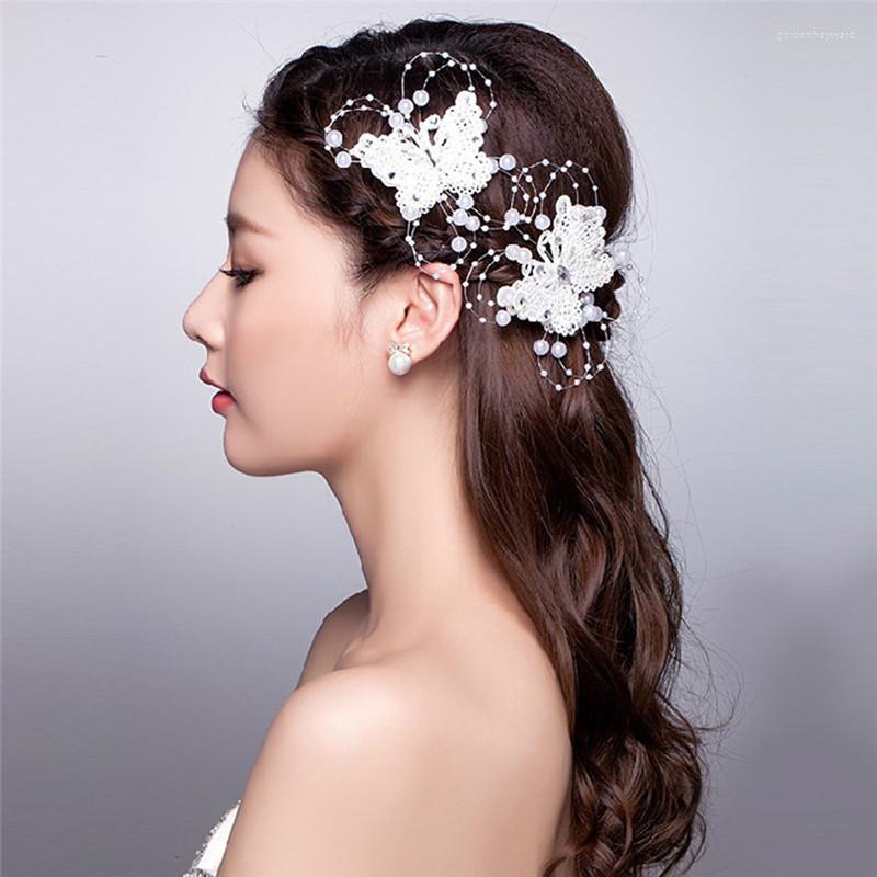 

Headpieces 1pc Butterfly Hair Clips Bride Headdress Lace Pearl Handmade Wedding Fashion