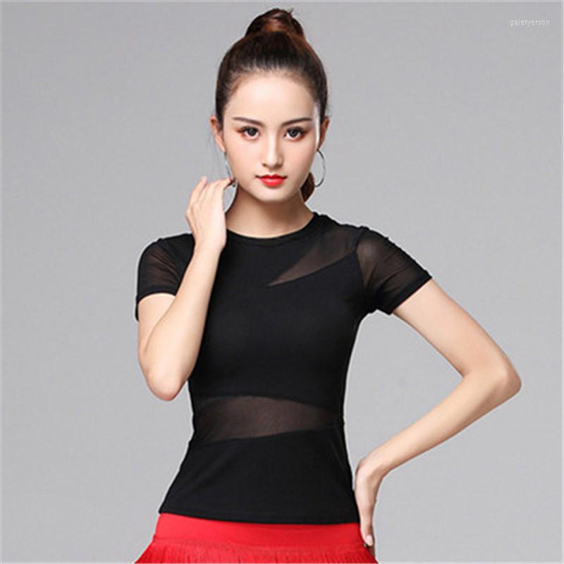 

Stage Wear Women Summer Ice Silk Red Color Mesh Short-sleeved Latin Dance Top Lady National Standard Modern Social Clothing Shirt, Black