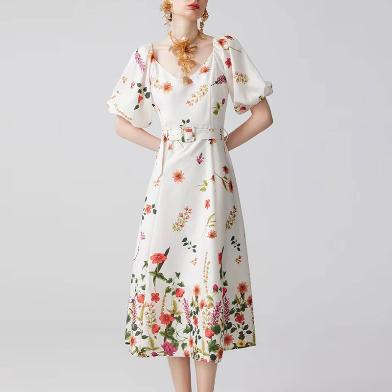 

2023 designer maxim party summer dresses for woman French floral print V-neck waist up bubble sleeves mid length dress designer robe, Customize