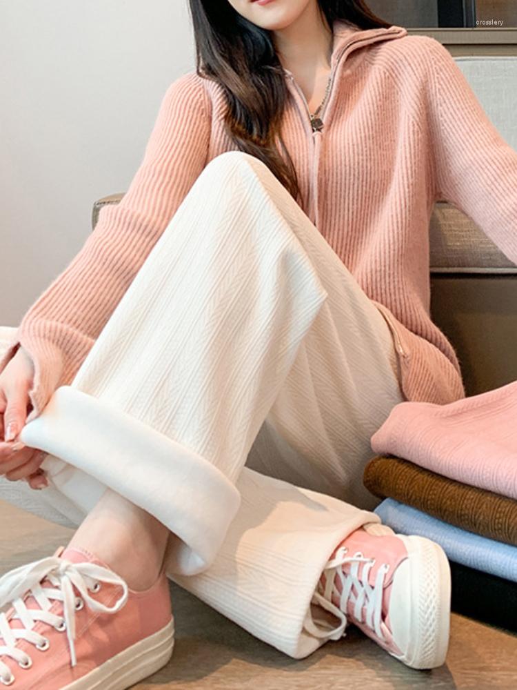 

Women' Pants Autumn Winter Women Casual Warm High Waist Wide Leg Thick Fluff Inside Female Long Trousers, Plus long black