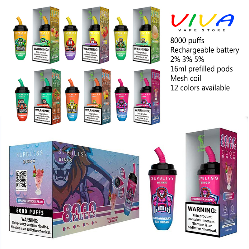 

RandM Supbliss Bingo 8000 Puffs E Cigarette Rechargeable Milk Tea Cup 8K Disposable Vapes Mesh Coil 16ml Pods Carts 600mAh Battery 2% 3% 5% 12 Flavrs, Tell us flavors