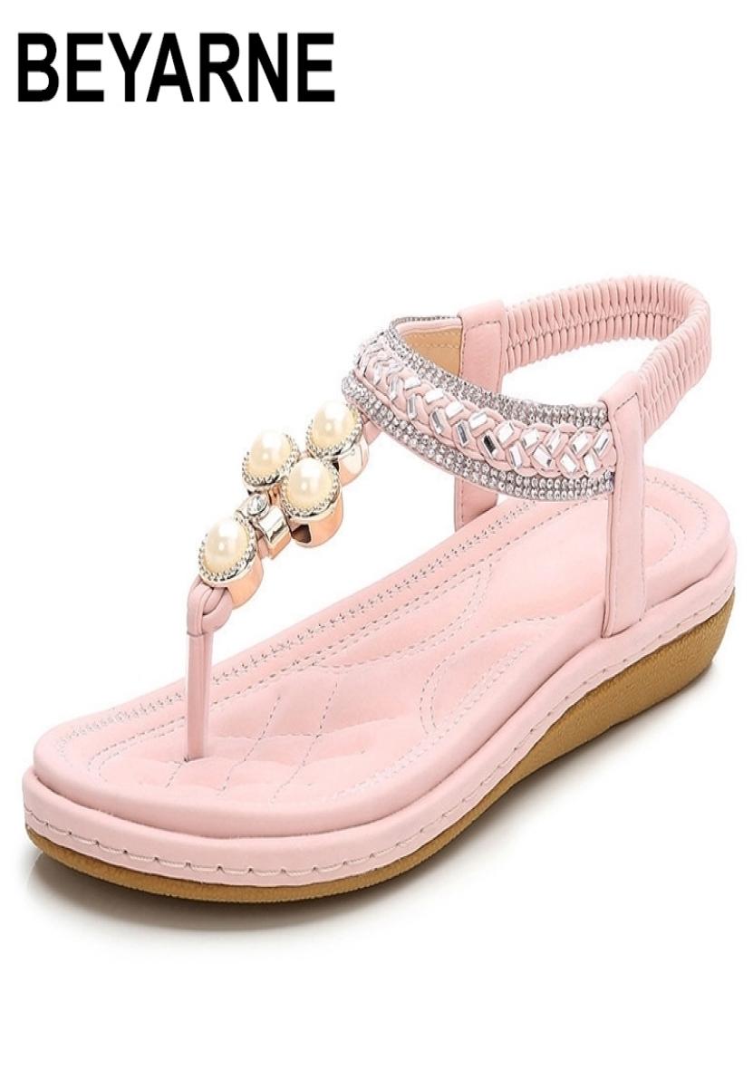 

BEYARNEPlus Size 412 Bohemian Crystal Sandals Women Shoes Rhinestone Lady Flip Flops Pearl Slip On Tong Female Flat Beach Shoe 216193092, Black