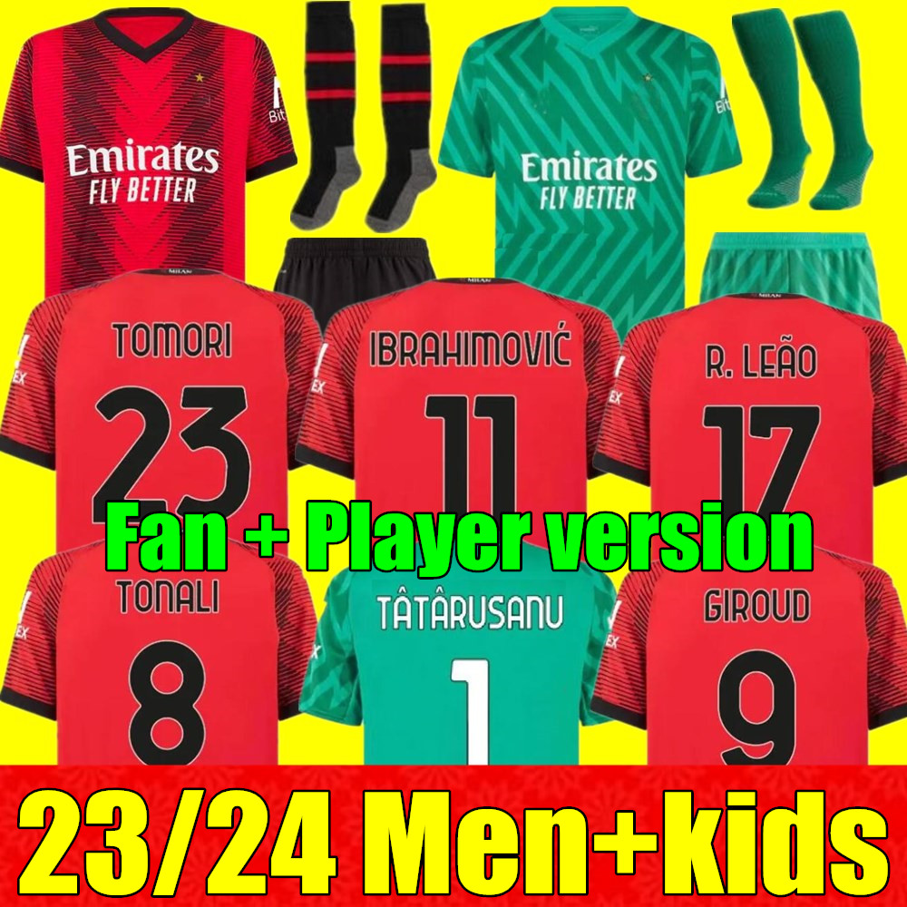 

New 23 24 IBRAHIMOVIC KOCHE soccer jerseys 2023 2024 GIROUD DE KETELAERE R. LEAO TONALI THEO Fan Player version ac milans home football shirt 4th Men kids kit uniforms, 23/24 kids gk+socks