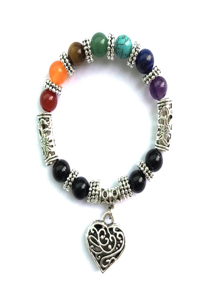 

7 Chakra Rainbow Bracelets Love Heart Pendant Boho Female Silver Plated Jewelry Purple Crystal Red Agate Bracelet KimterD893S Z3724607