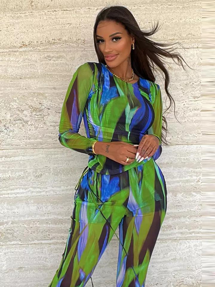 

Women' T Shirts Women Fashion 2023 Spring 2 Pieces Sets Tie Dye Print Tulle Mesh Tops Slim Lace Up Long Pants Club Party Y2K Streetwear, Green