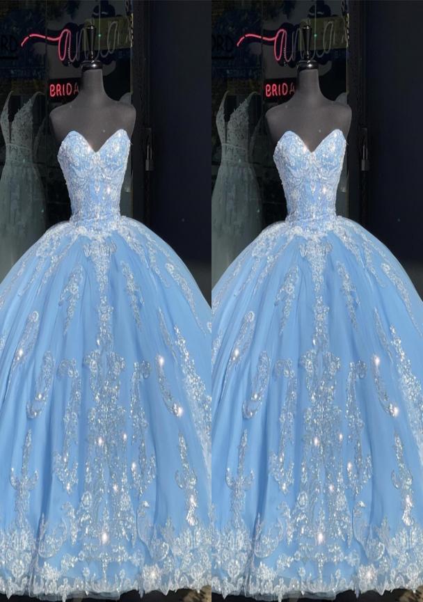 

Bling Ivory Sequins Applique Prom Quinceanera Dresses Light Sky Blue Strapless Corset Backless Princess Formal Dress Evening Sweet8262609, Silver