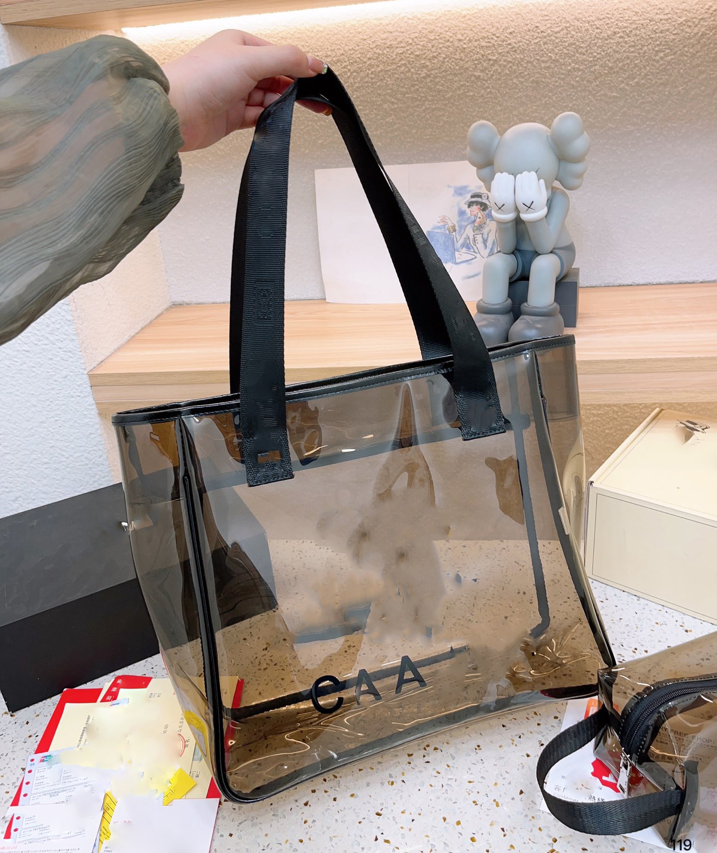 

Jelly Beach Bag Luxury Mesh Clear Totes Candy Color PVC Transparent Women Handbags Women Summer Shopper Bags Wash Bag two piece set, Black