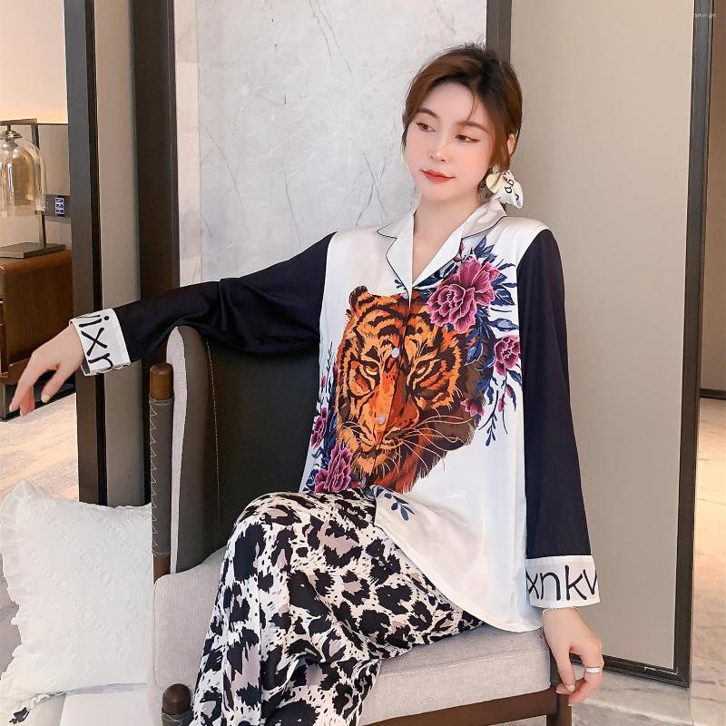 

Women's Sleepwear Novelty Print Autumn Spring Women Silk Like Pajamas Set Tiger And Rose Nighwear Leopard Home Clothes Lounge Lingerie, Blue