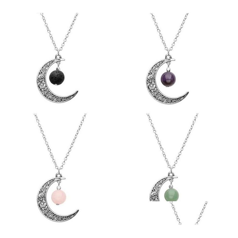 

Pendant Necklaces Crystal Lavarock Stone Beads Necklace Moon Shaped Aromatherapy Essential Oil Diffuser Neck Jewelry Drop Delivery Pe Dhist
