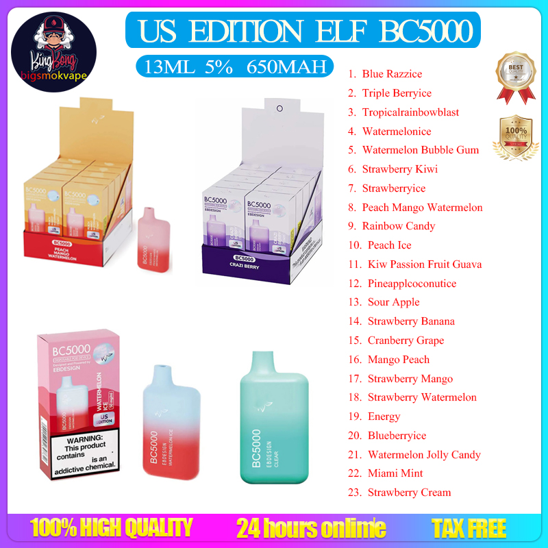 

US EDITION Elf BC5000 E Cigarettes With EBDESIGN Packing Disposable Vape Pen 13ml Dual Mesh Coil Cartridge Pods 650mAh Rechargeable Battery VS Lost Mary OS5000
