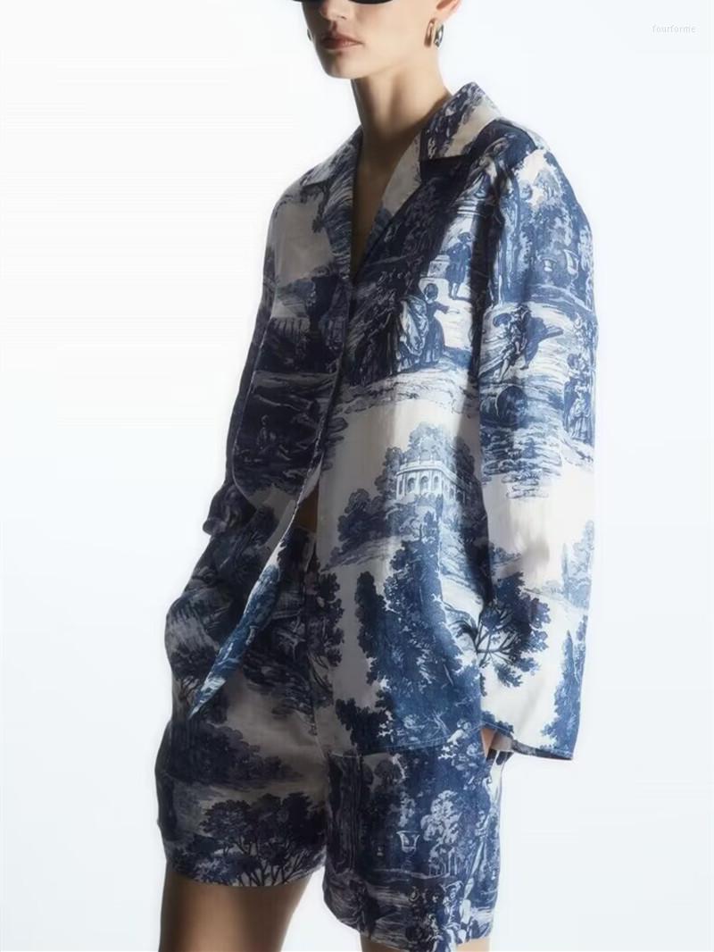

Women' Blouses Ladies Oil Painting Print Shirt Or Shorts Fashion Suit 2023 Women Long-Sleeved Single-Breasted Tops Elastic Waist