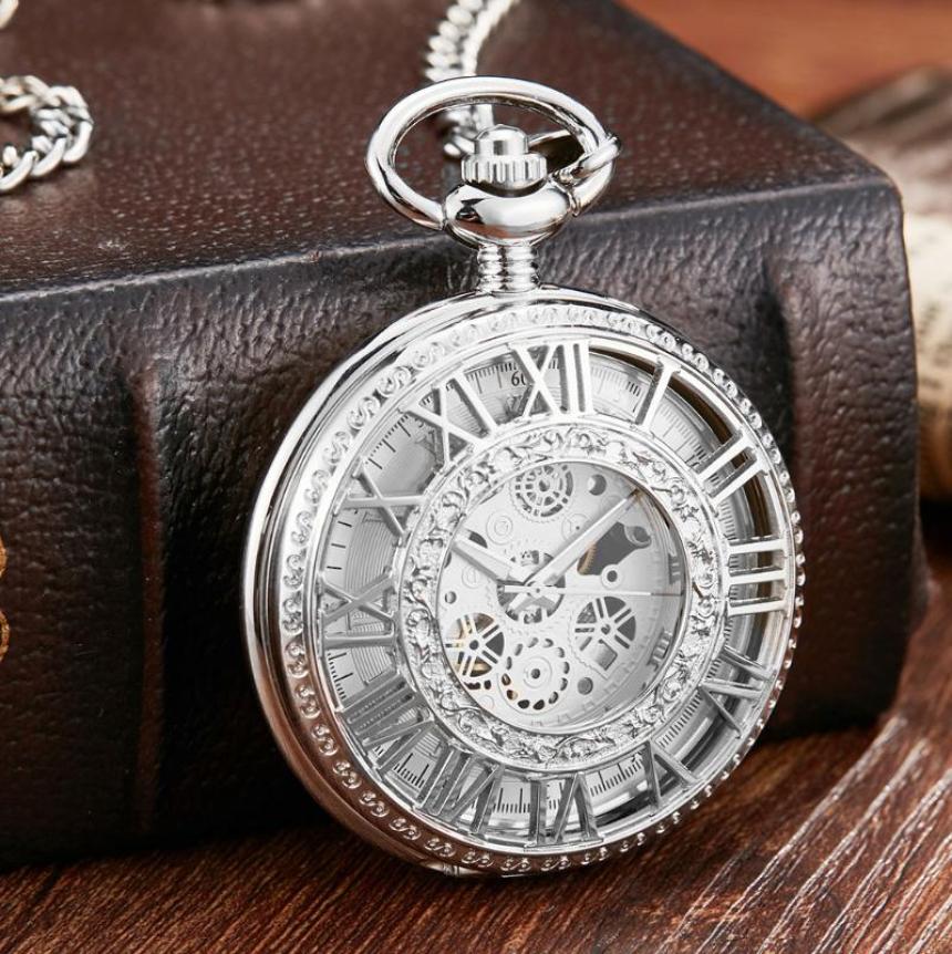 

Pocket Watches Silver Mechanical Watch With Chain Vintage Roman Numerals Hollow Sculpture Hand Wind Men3147812, Black