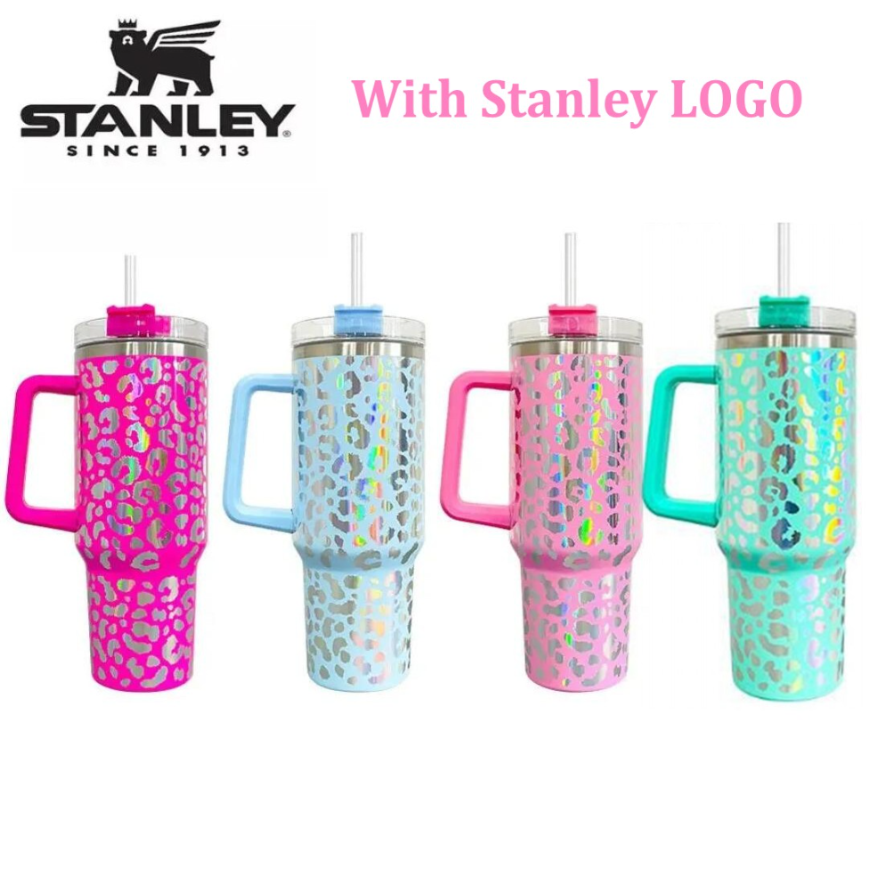 

With Stanley Logo leopard Quencher Coffee Mug Cup with Lid and Straw outdoor camping cup shinny leopard 40oz stainless steel mugs j0602, Multi-color