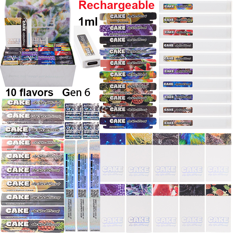 

Newest CAKE Gen 6 Disposable Vape Pens Rechargeable E Cigarettes 1ml Empty Device Pods Packaging 280mAh Battery Starter Kits Thick Oil Carts 10 Flavors with Stickers