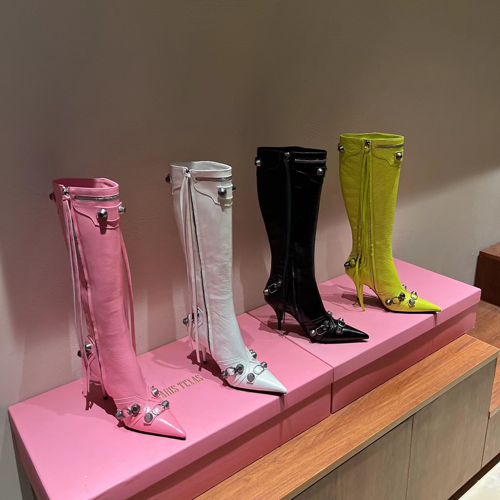 

Women's dermis stiletto Knee length boots boots tassel pointed locomotive stud buckle embellished side zip boots Luxury designer factory footwear With box, Pink