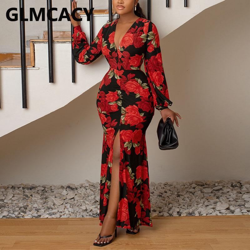 

Dresses Women Long Sleeve V Neck Bodycon Dress Floral Printed Evening Party Slit Dress, Royal blue