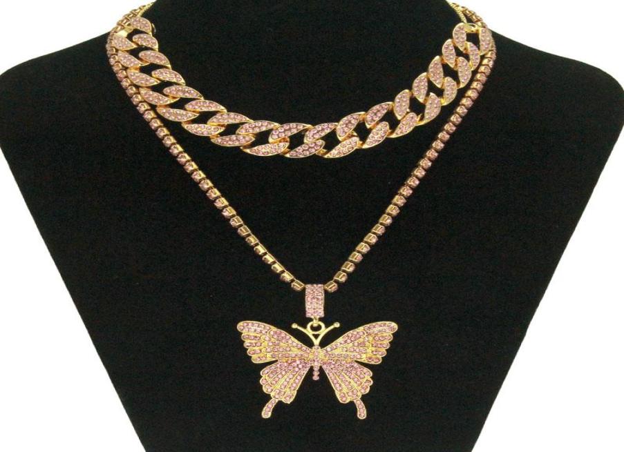 

Hip Hop Iced Out Rhinestone Big Butterfly Pendant Necklace Cuban Chain Set for Women Statment Bling Crystal Animal Choker Jewelry5096449
