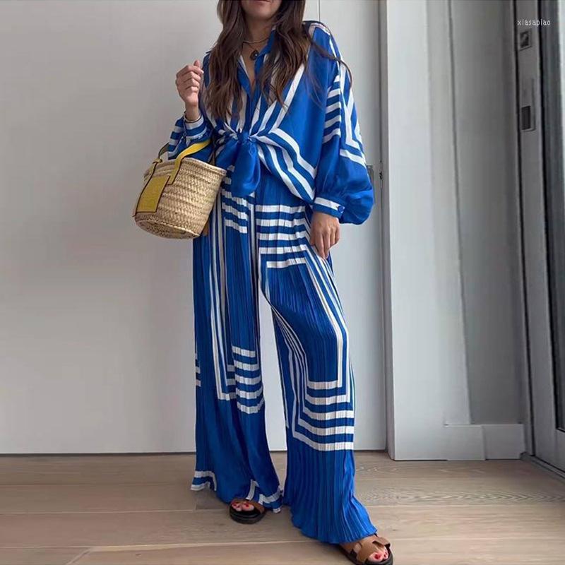 

Women' Sleepwear Chiffon Stripe Print Pants Set Loose Women Pajamas Lace Up Long Sleeve Shirt 2 Pieces Female Wide Leg Suit, Blue