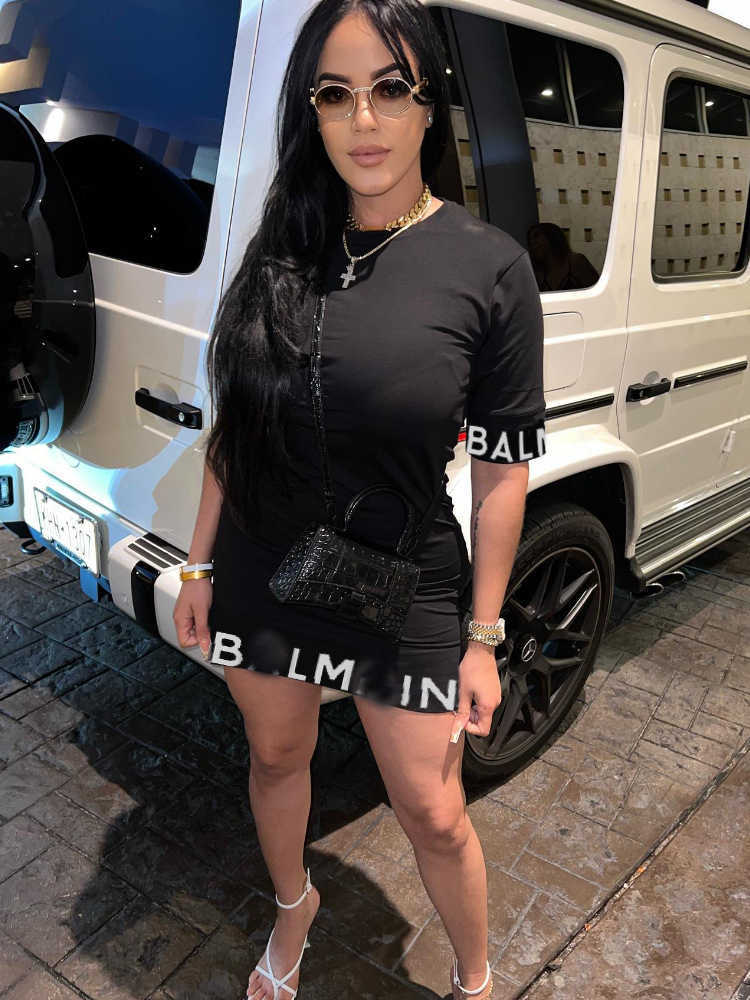 

Plus Size 2023 Women Dress Letter Printed Designer Short Sleeve Slim Fit Wrap Hip Dress For Women, Black6