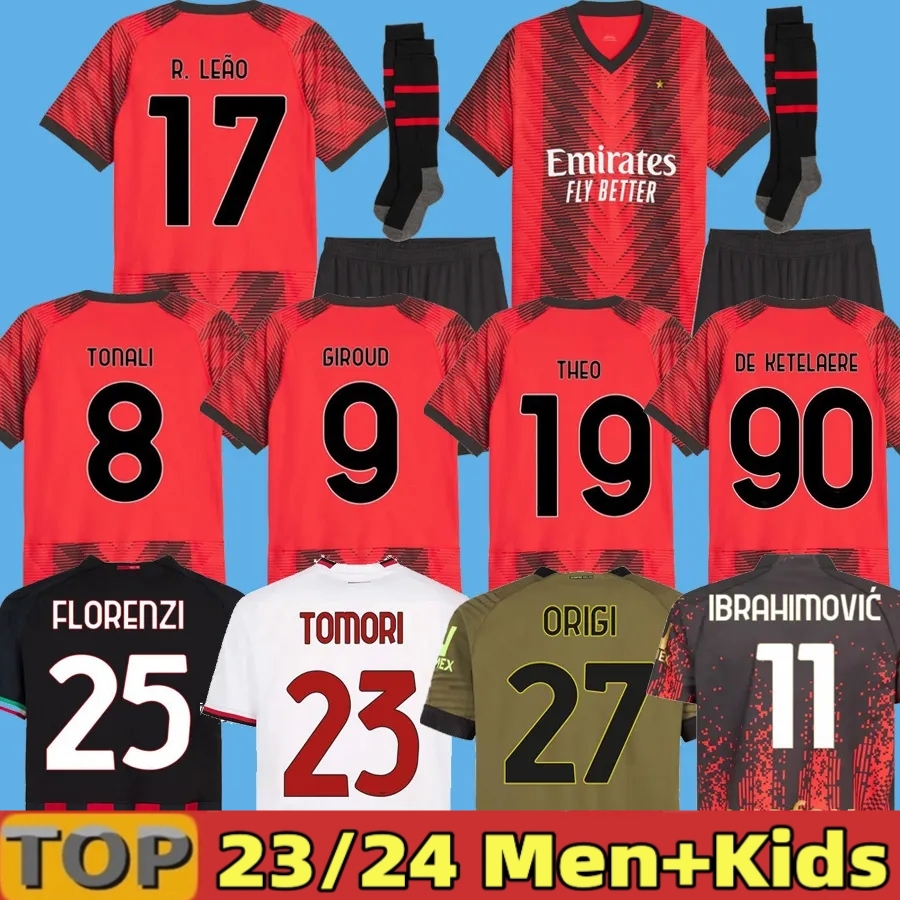 

2024 2023 IBRAHIMOVIC 22 23 24 AC MILANS soccer jerseys Player Fans GIROUD DE KETELAERE R. LEAO TONALI THEO football shirt special fourth 4th men kids kit uniform Set, 23 24 home aldult
