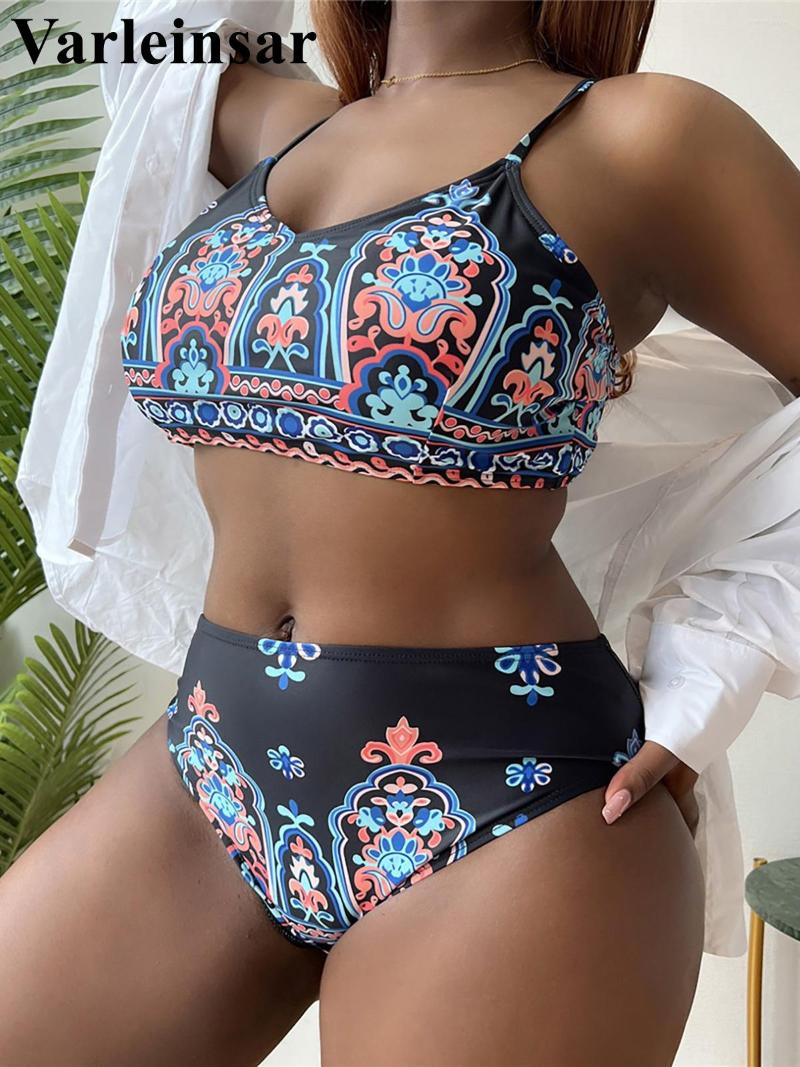 

Women's Swimwear 0XL -  Printed Bikini Plus Size Large Women Swimsuit Female Two-pieces Set Bather Bathing Suit V3985, Red printed