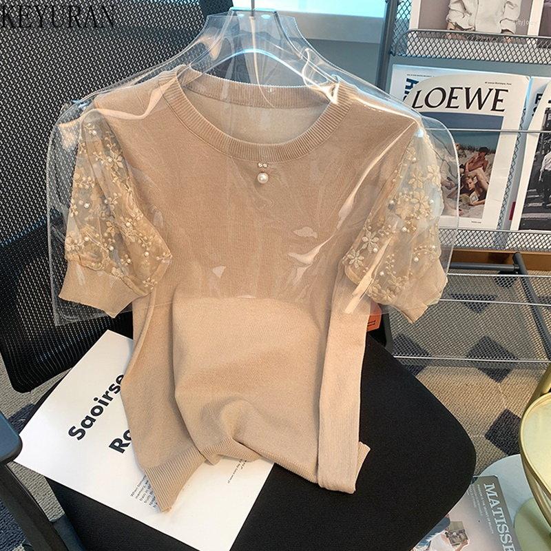 

Women's Sweaters 2023 Summer Thin Short Sleeve Sweater Women's Fashion O-Neck Beading Lace Patchwork Ice Silk Knitted T-Shirt Knitwear, Black