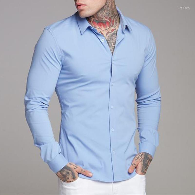 

Men's Casual Shirts Leisure Mens Slim Shirt Spring Summer Streetwear Fashion Solid Elastic Tops Sportswear Long Sleeve Lapel Button, 05 dark blue