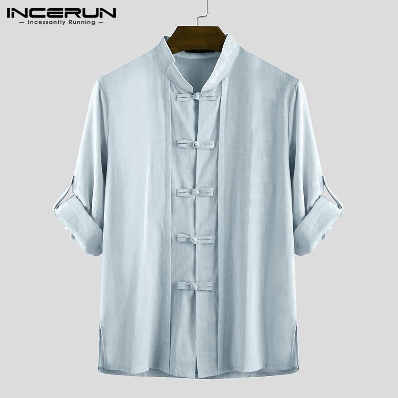 

Men' Casual Shirts INCERUN 2023 Chinese Style Men Shirt Solid Long Sleeve Elegant Cotton Button Retro Stand Collar Clothing -5XL, Beige