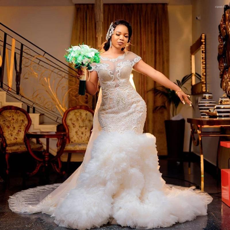 

Wedding Dress African Mermaid Dresses Sheer Short Sleeve Lace Crystals Bridal Ruffles Train Second Reception Gowns, Gold