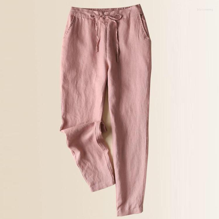 

Women's Pants Summer Spring Woman Female Khaki White Black Elastic High Waisted Linen Ankle Length Womens Casual 3xl Harem Trousers