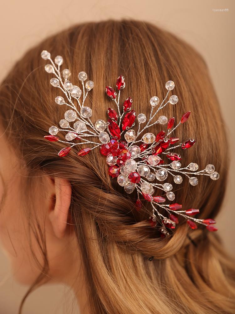 

Headpieces Red Crystal Women Hair Comb Bohemian Tiaras Wedding Accessories Handmade Clips For Bride Headdress Bridal Jewelry