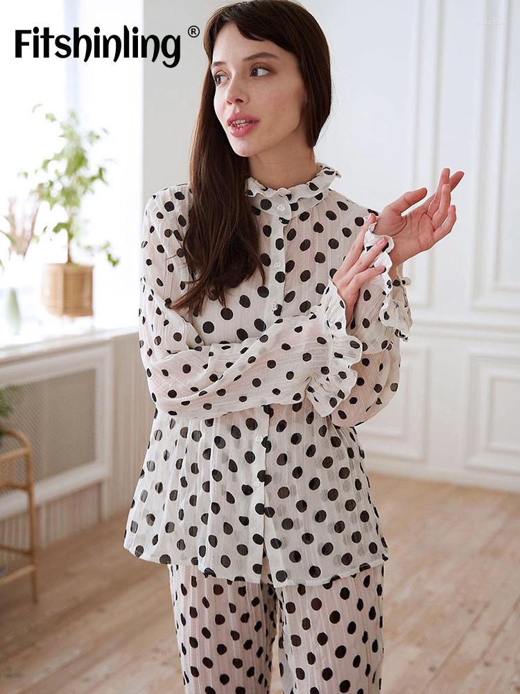 

Women' Sleepwear Fitshinling Ruffles Button Women' Home Wear Long Sleeve Chiffon Women Set 2 Pieces Casual Loungewear Trousers 2023, White