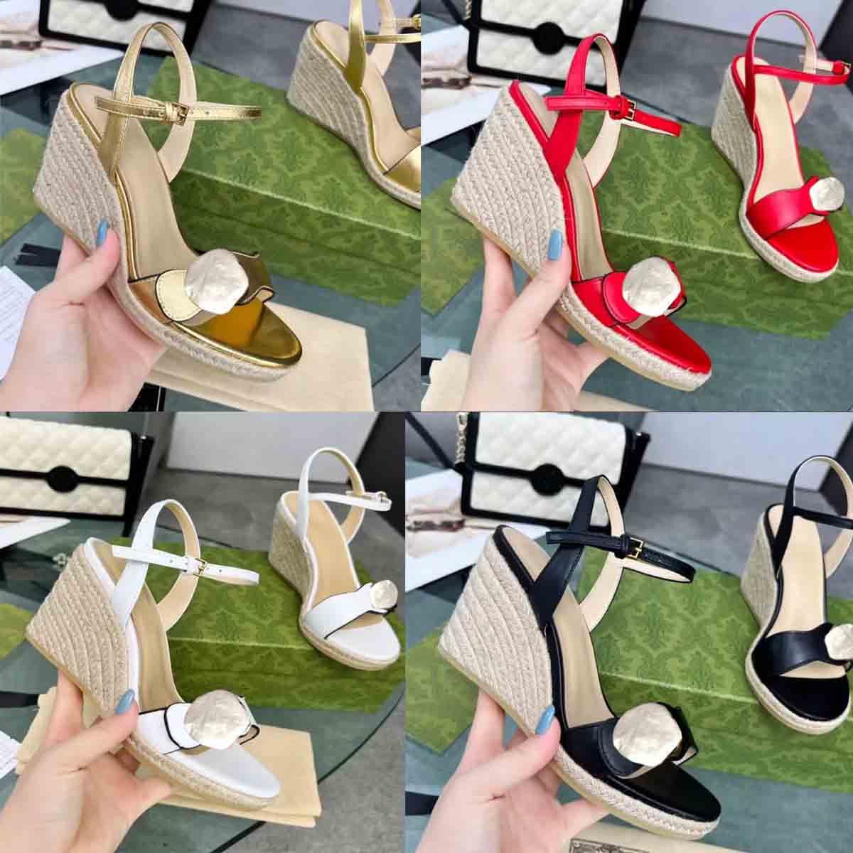 

2023S Designer sandal lady wedge high heel Women's shoes Double metal buckle Leather Wedges Espadrille Sandals ankle strap genuine leather with box