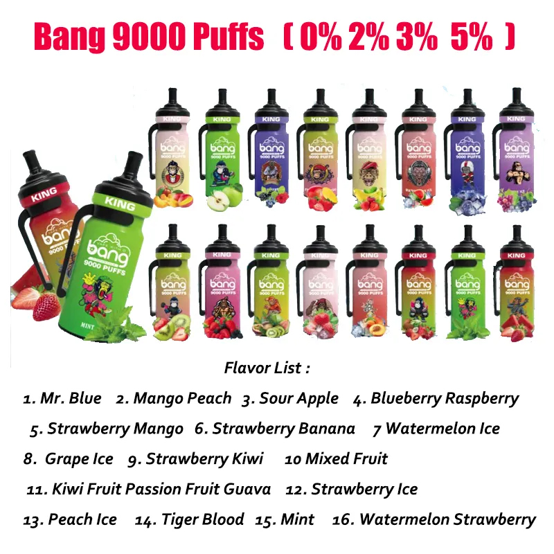 

original bang king 9000 puffs e cigarette disposable vape puff 9k 650mah rechargeable battery 20ml prefilled carts 0% 2% 3% 5% electronic puffbar vaper disposables bar