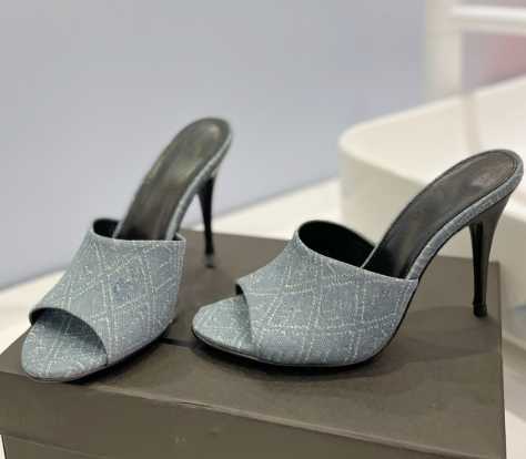 

la 16 denim slippers satin silk slides Mule sandals heels slip on stiletto heeled open toe shoes women's luxury designer leather evening shoe 10cm factory footwear