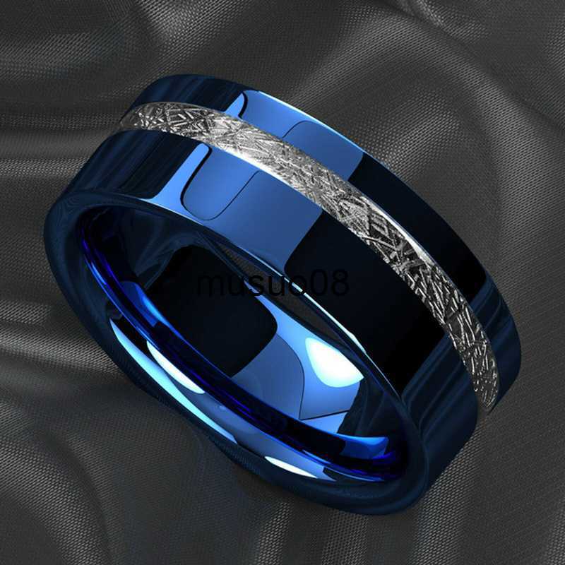 

Band Rings Exquisite Fashion 8mm Blue Polished Stainless Steel Ring for Men Center Groove Inlay Meteorite Unisex Wedding Band Men Jewellery J230602