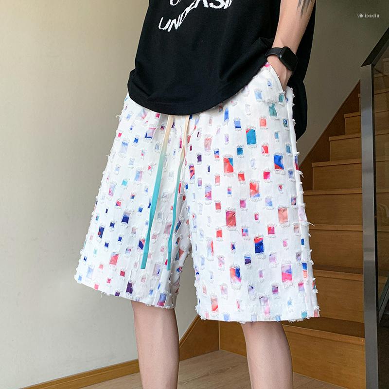 

Men's Shorts Summer Hole Patch Men Fashion Hollowed Out Streetwear Hip-hop Loose Colored Plaid Mens Large Sizes, Black