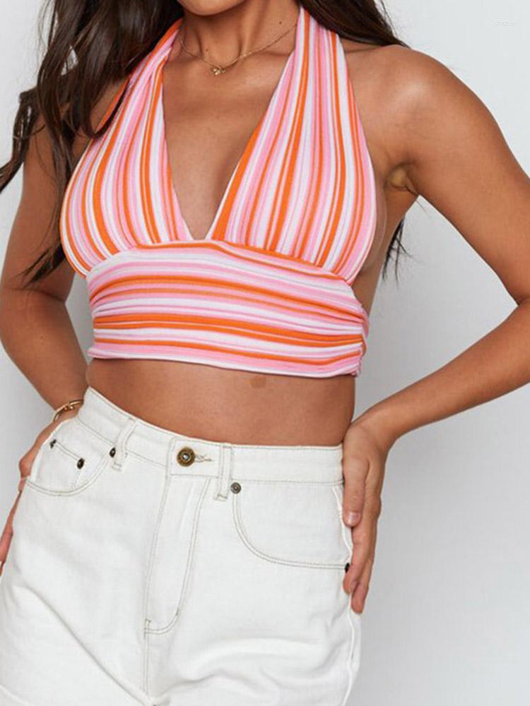 

Women's Tanks V Neck Bandage Crop Top Knitted Women Sexy 2023 Summer Blue Backless Sleeveless Casual Off Shoulder Tank Tops Party