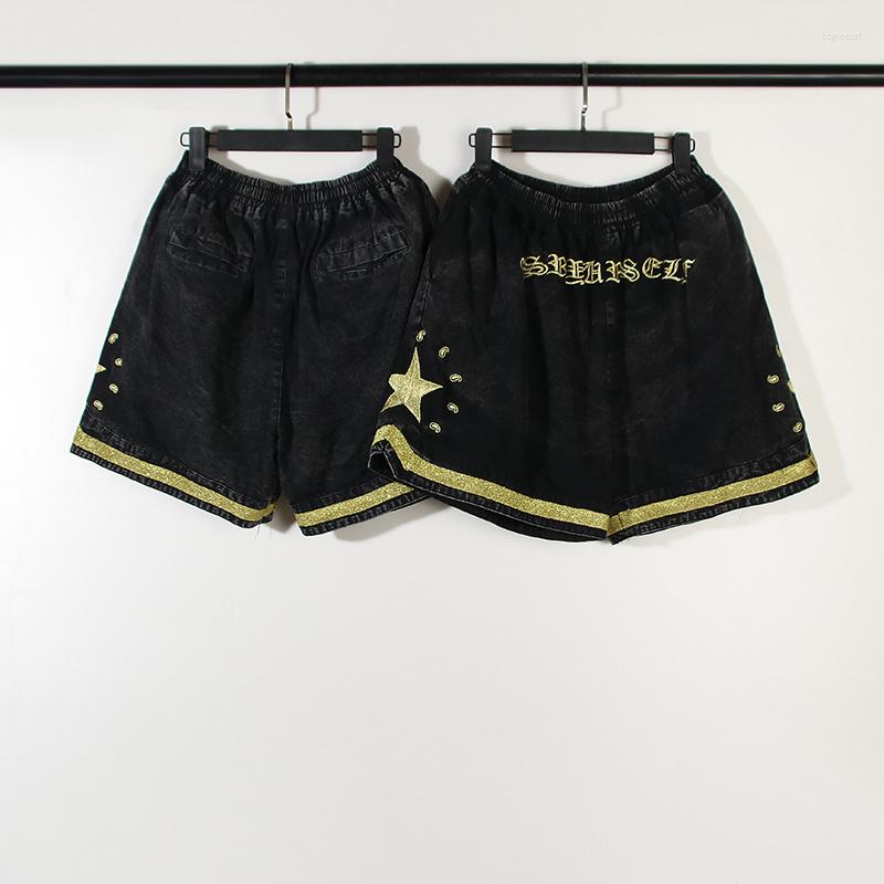

Men's Shorts All-star Military Cloth Used Men Gold Thread Heavy Industry Embroidery Pentagram High Street, Black