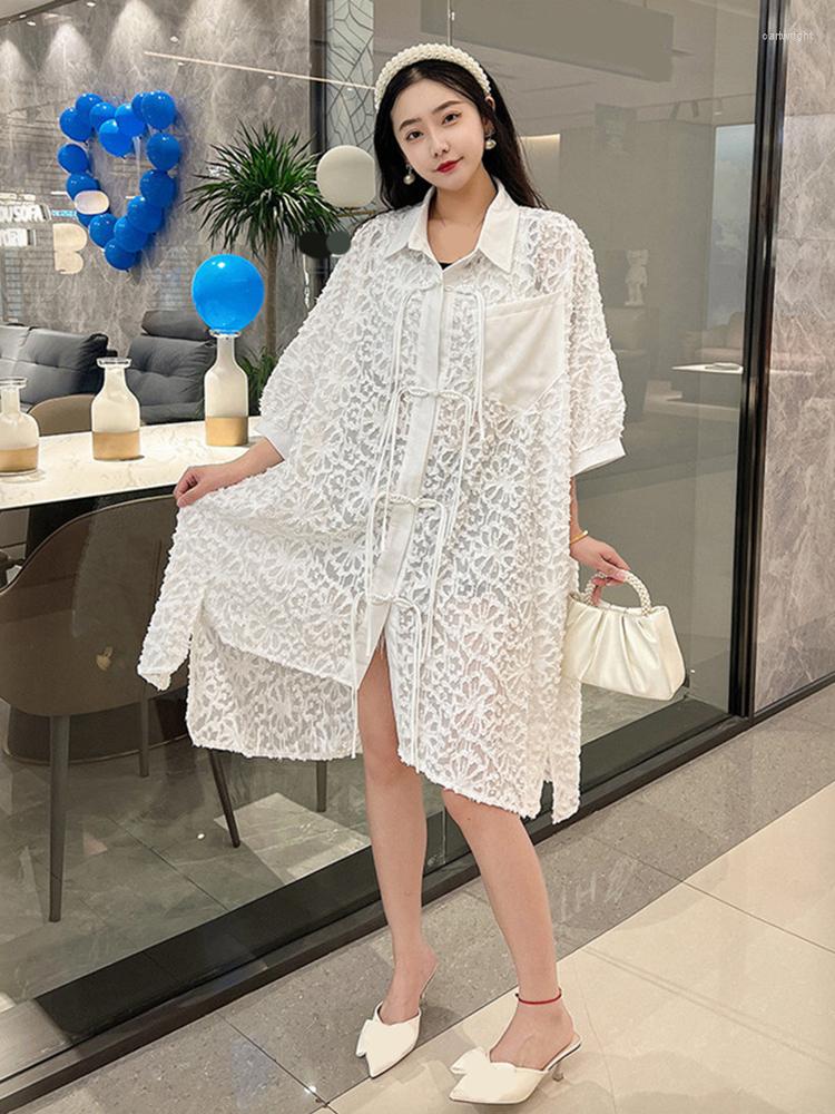 

Casual Dresses XITAO Loose Western Style Vintage Tassel Solid Batwing Sleeve Turn-down Collar Knee-length Single Breasted HQQ0049, White hqq0049