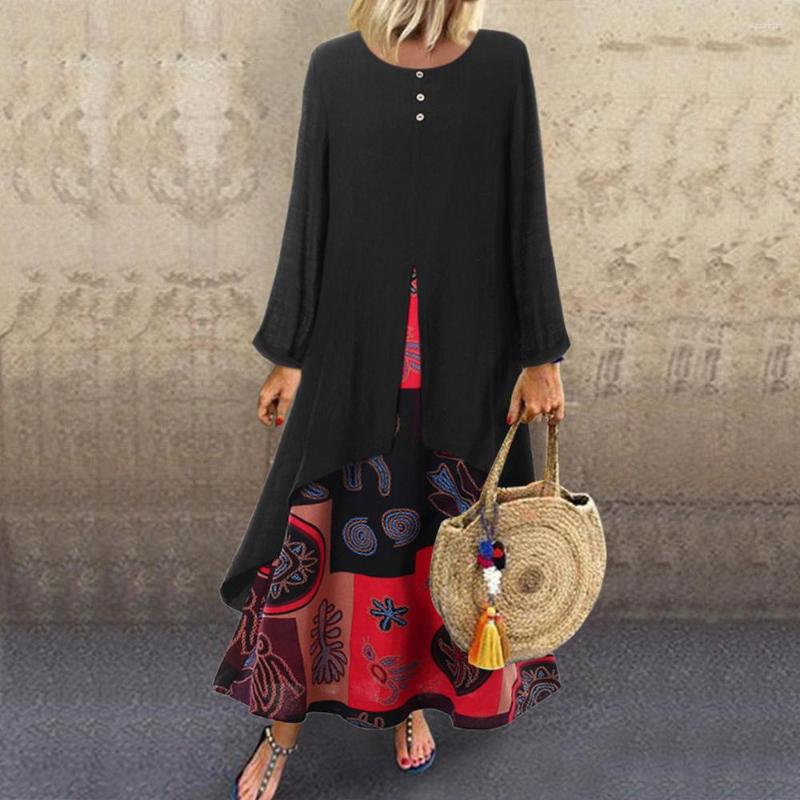 

Casual Dresses European And American Women Loose Fashion Versatile O-neck Maxi Dress Cotton Fake Two-piece Long Sleeve Breathable, Black