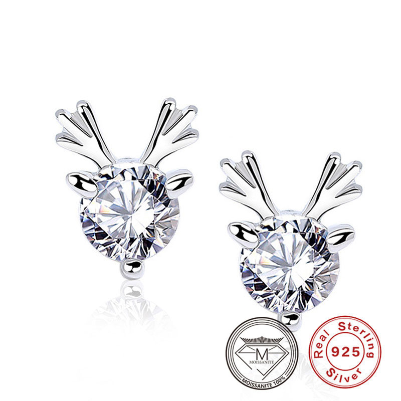 

Pure 925 Silver Elk Shape Moissanite Earrings Platinum Plated Silver Ear Studs Jewelry for Women