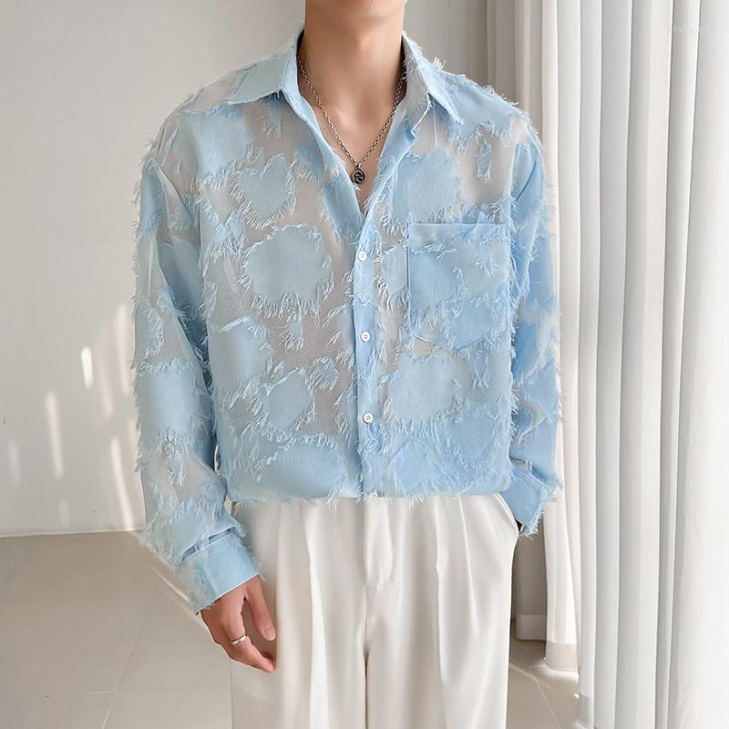 

Men's Casual Shirts Spring Lace Lucky Cloud Jacquard For Men Sexy See Through Long Sleeve Loose Male Dress Shirt Club Stage Button Blouse, Blue